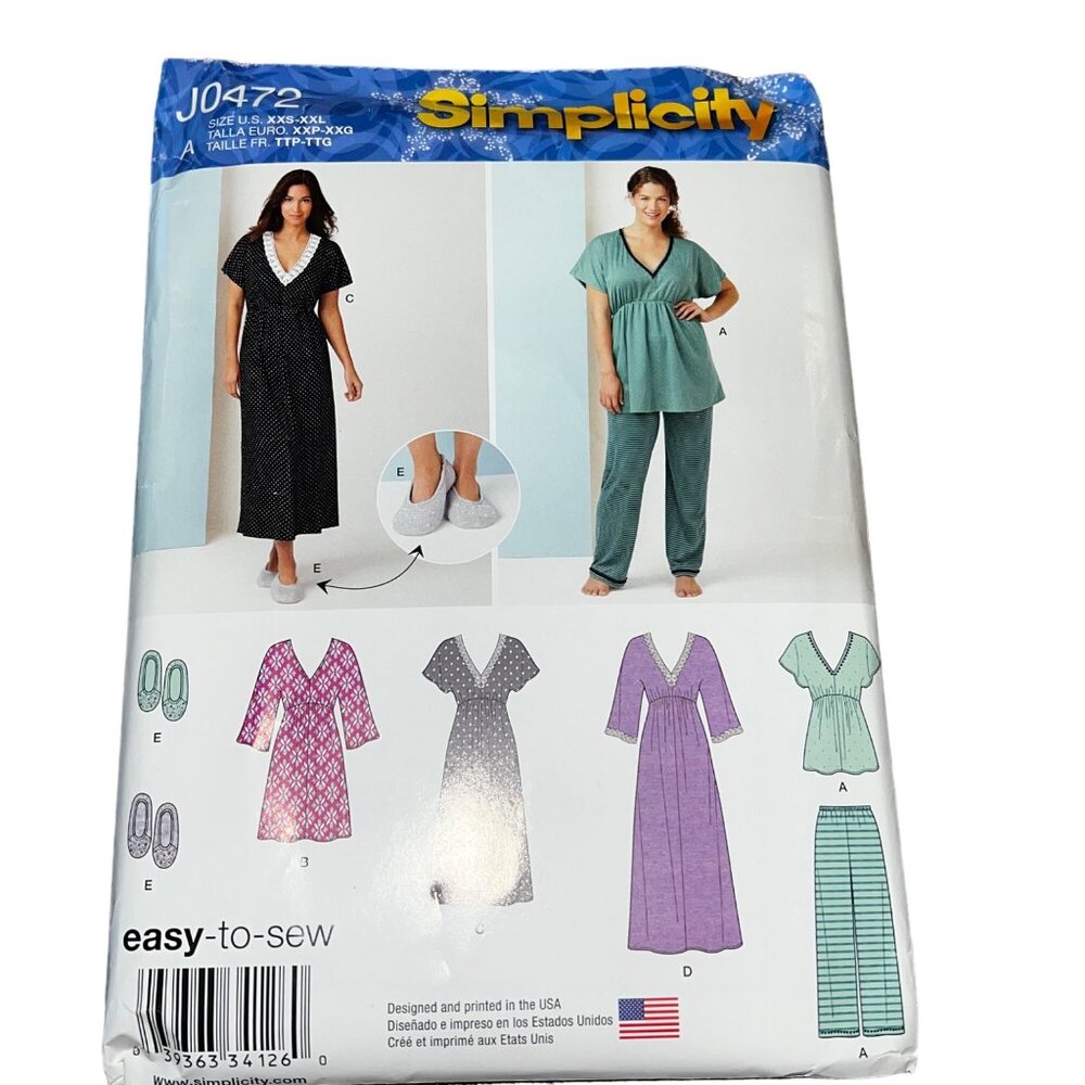 Uncut Simplicity Sewing Pattern #J0472 Nightgown 3 Lengths Pajamas Slippers XXS-